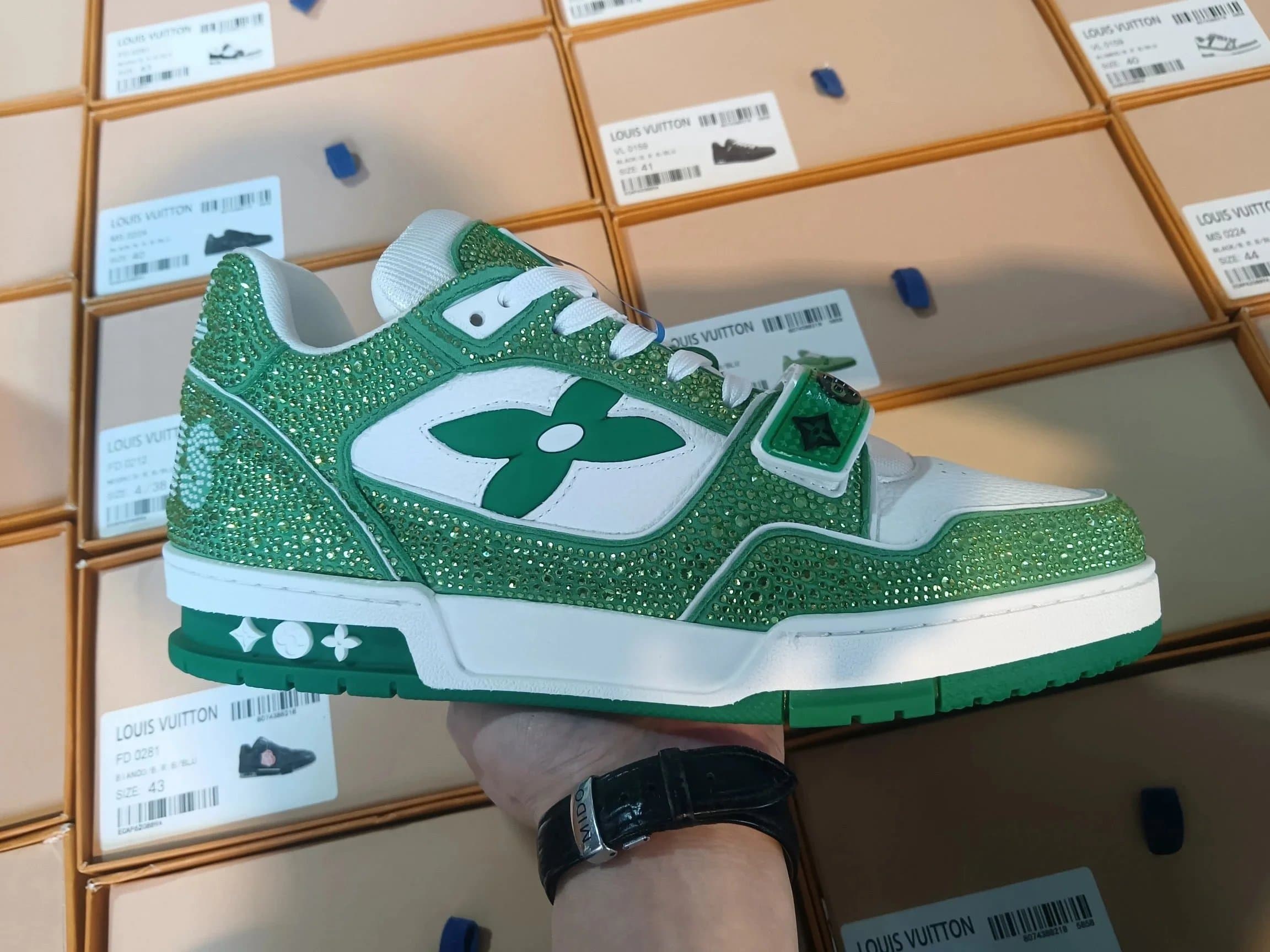 Louis Vuitton LV Trainer Monogram Flower — 烫钻白绿魔术贴 sk827