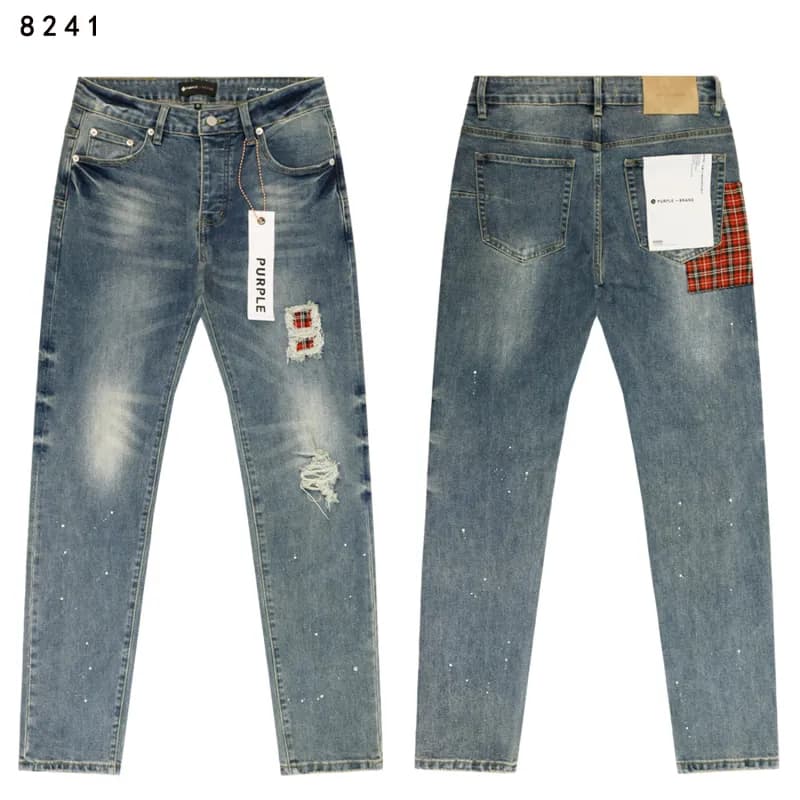 Amiri Distressed Slim Fit Jeans Plaid Patch & Paint Splatter