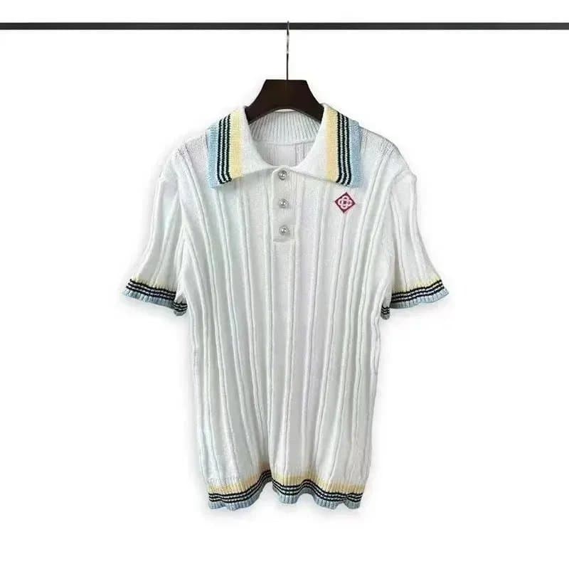 Chrome Hearts Knit Polo Shirt Ribbed with Striped Trim