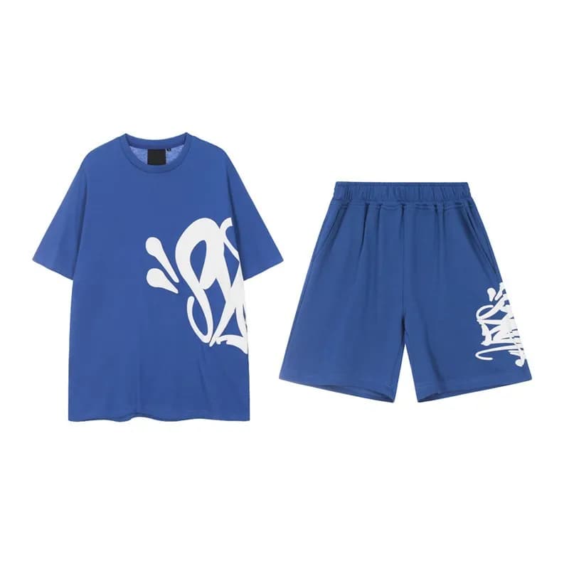 Corteiz Graphic Tee & Shorts Set CRTZ Outline Logo — 侧边套装彩蓝