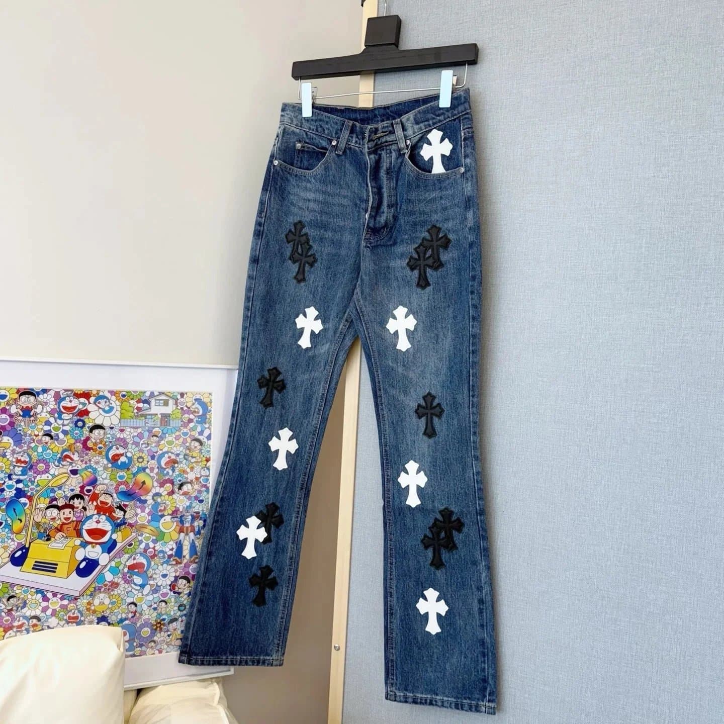 Chrome Hearts Cross Patch Jeans Black and White Cross Embroidery
