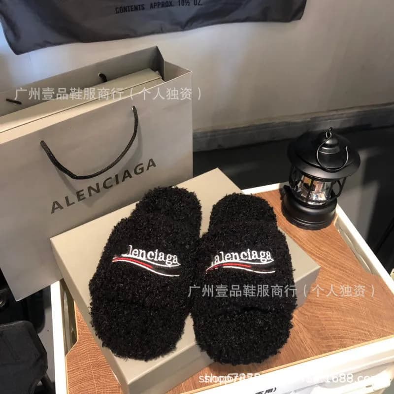 Balenciaga Logo Slides Black Shearling