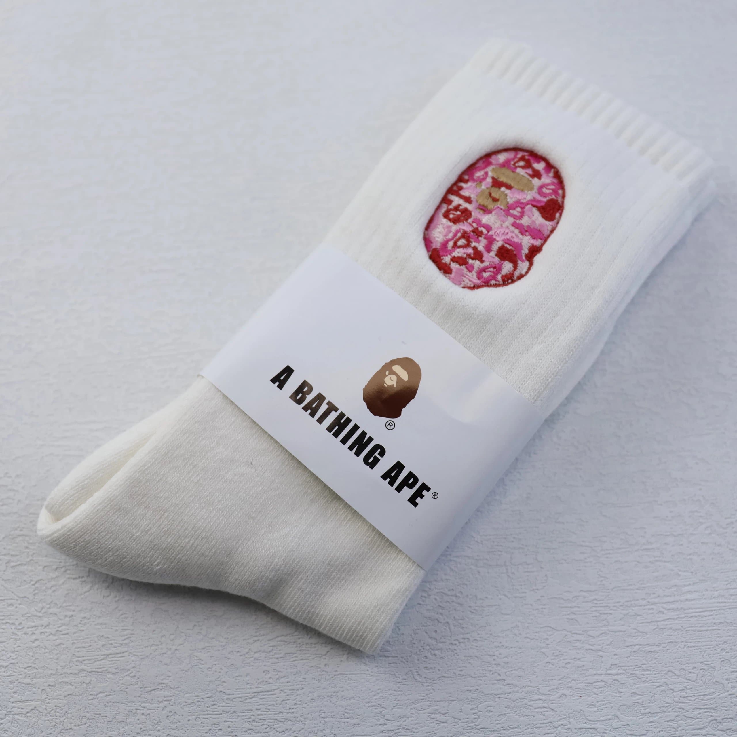 BAPE Crew Sock Embroidered Ape Head — 高帮 白粉