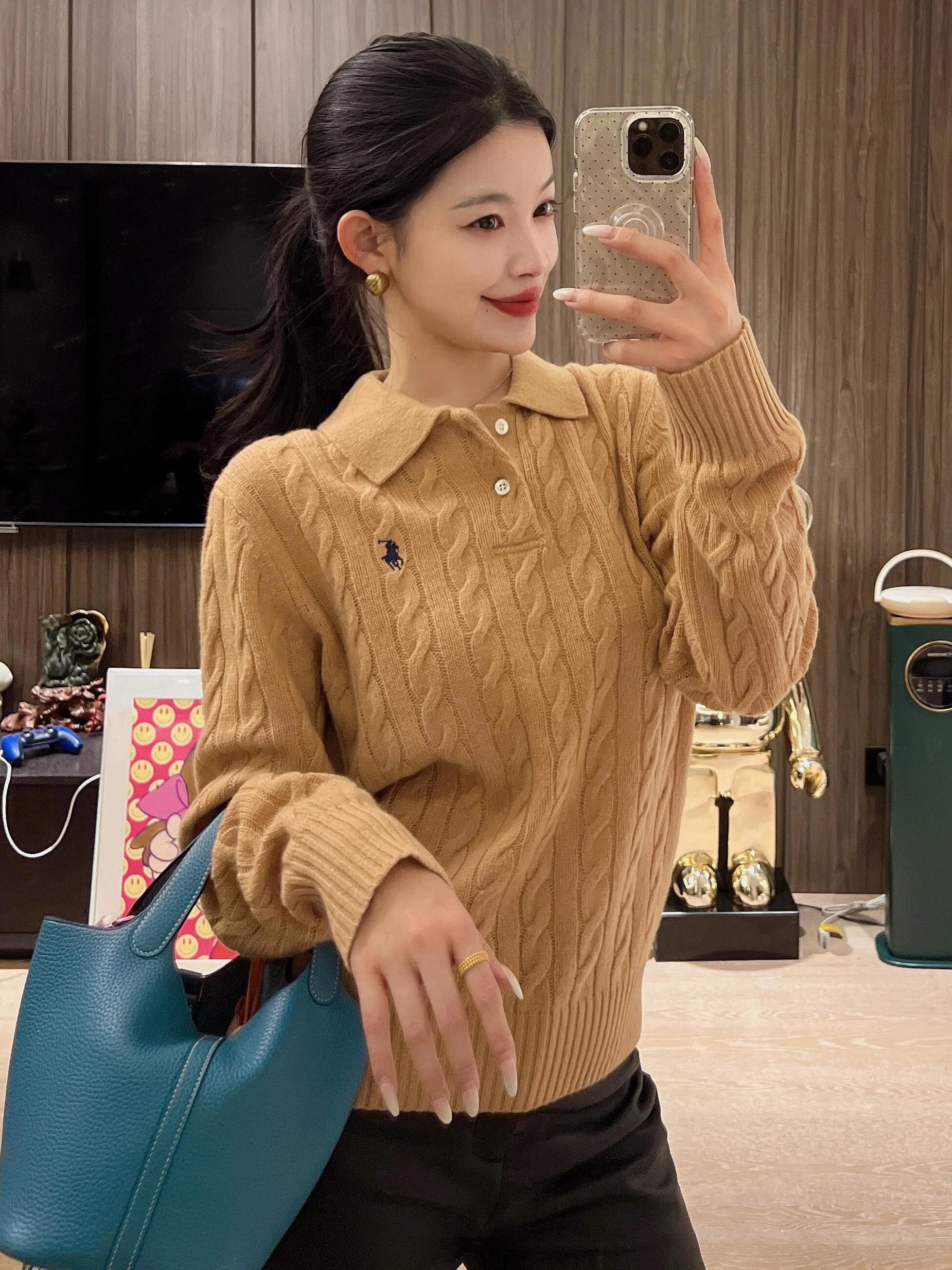 Polo Ralph Lauren Cable Knit Short-Sleeve Sweater Classic Cable — 驼色纽扣翻领
