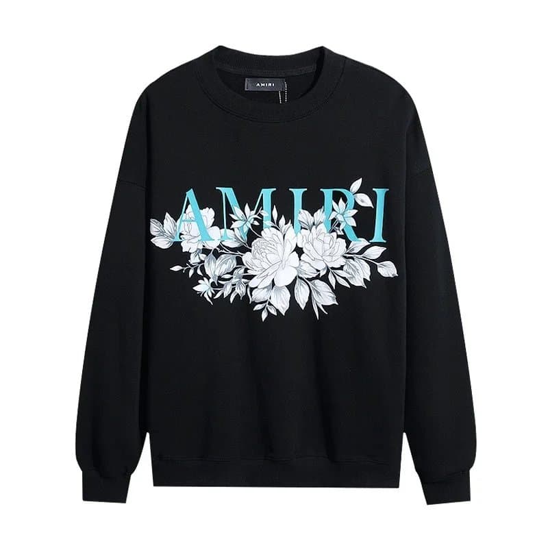 Amiri Floral Logo Sweatshirt Black with Teal and White Floral Print
