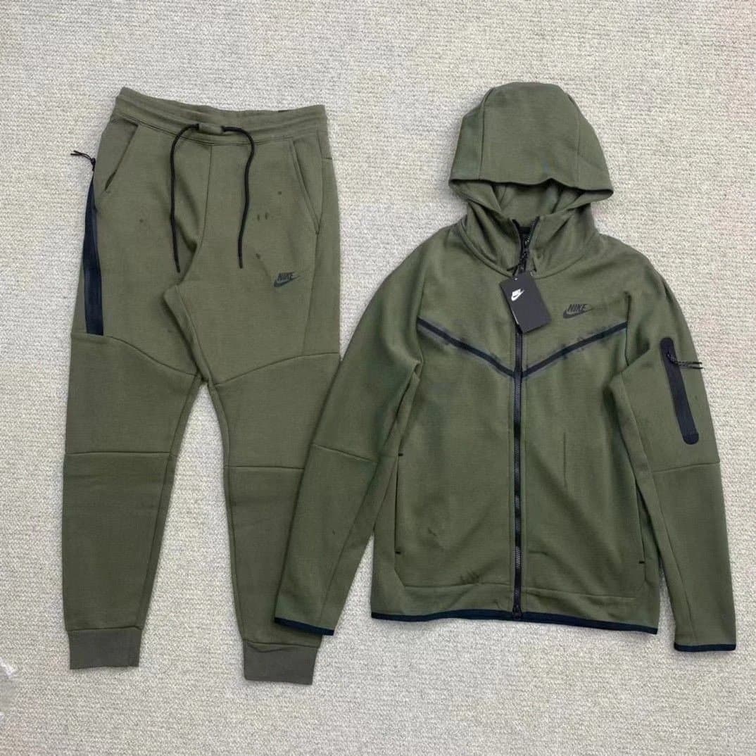 Nike Tech Fleece Hoodie and Joggers Olive Green with Navy Accents