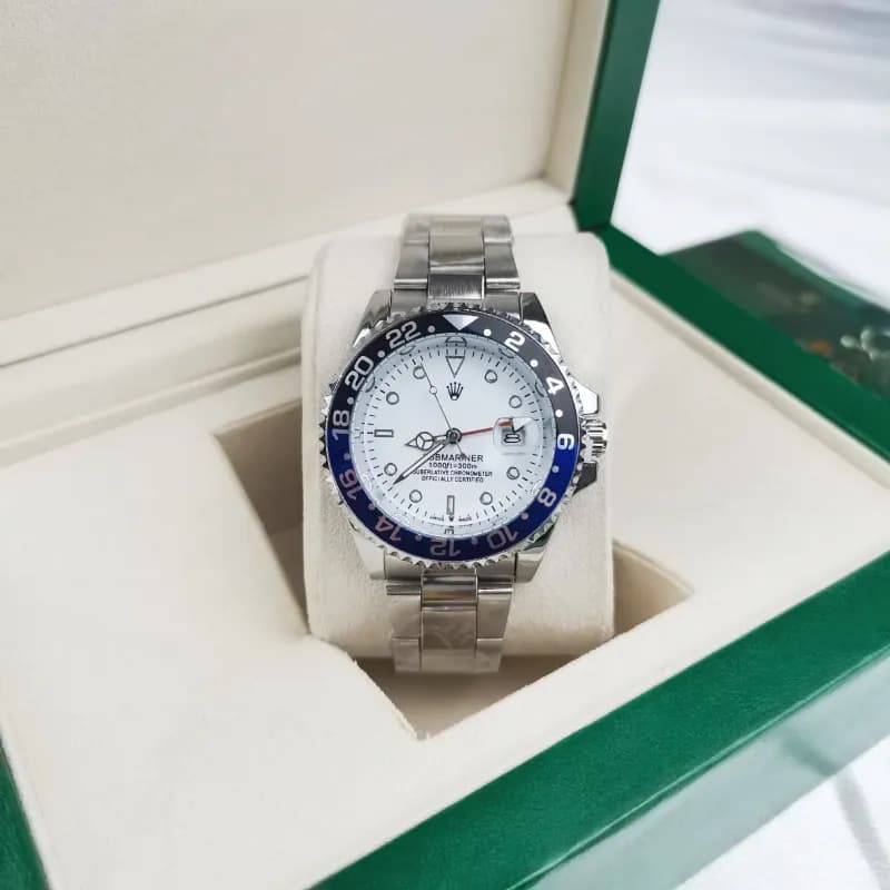 Rolex Submariner Two-Tone Bezel — Four-pin coke circle, three silver, black and blue circles, white surface