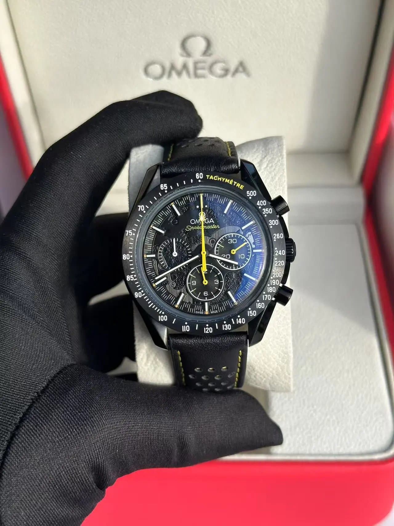 Omega Speedmaster Chronograph Black Dial with Blue Subdials and Yellow Accents