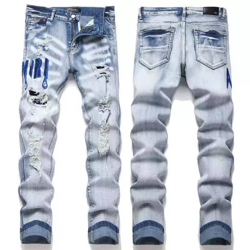 Amiri Distressed Slim Fit Jeans Dripping Logo Wash