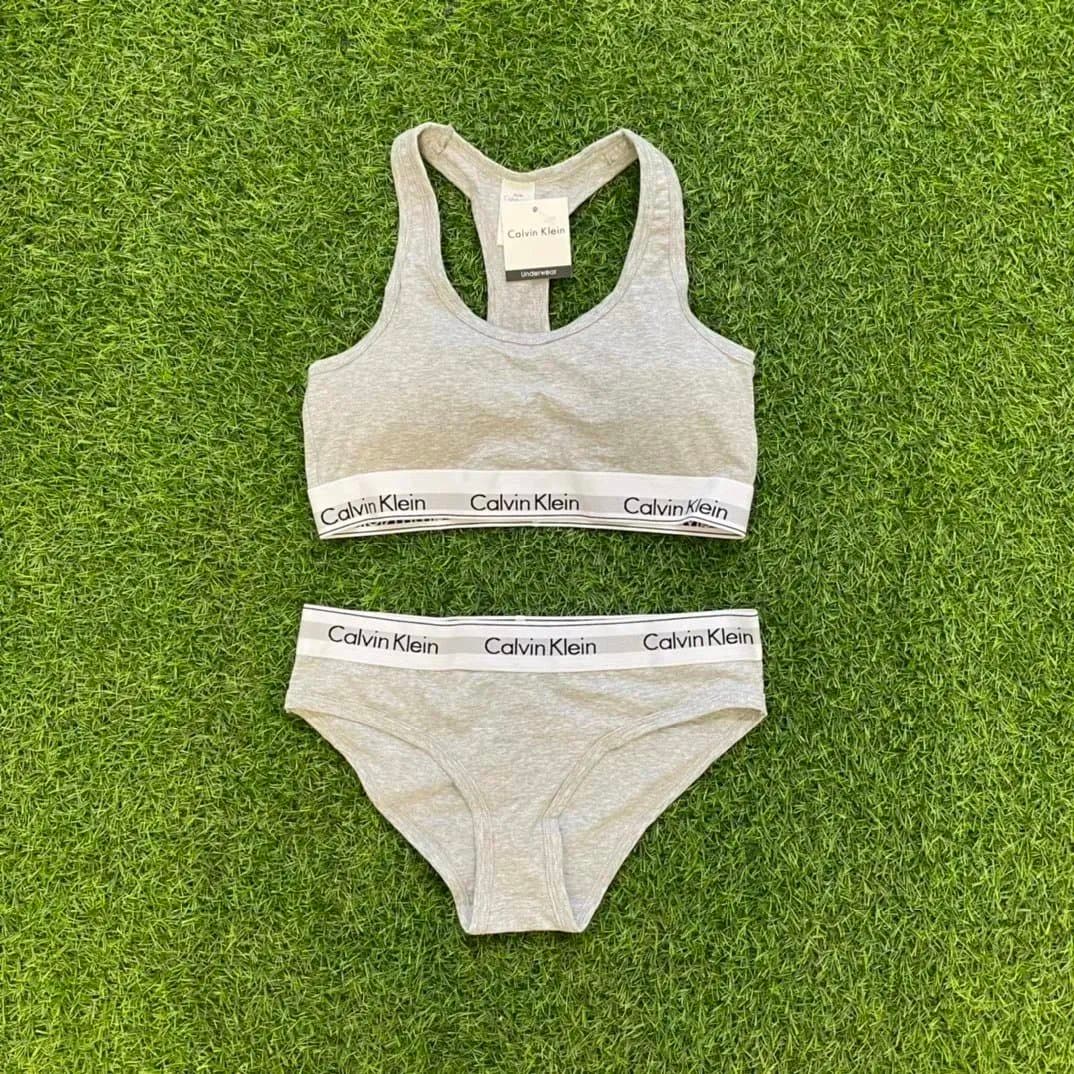 Calvin Klein Logo Bralette & Brief Set Heather Grey