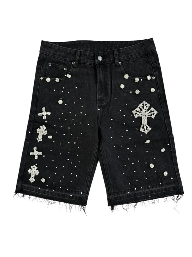 Chrome Hearts Denim Shorts Crystal Cross Embellished