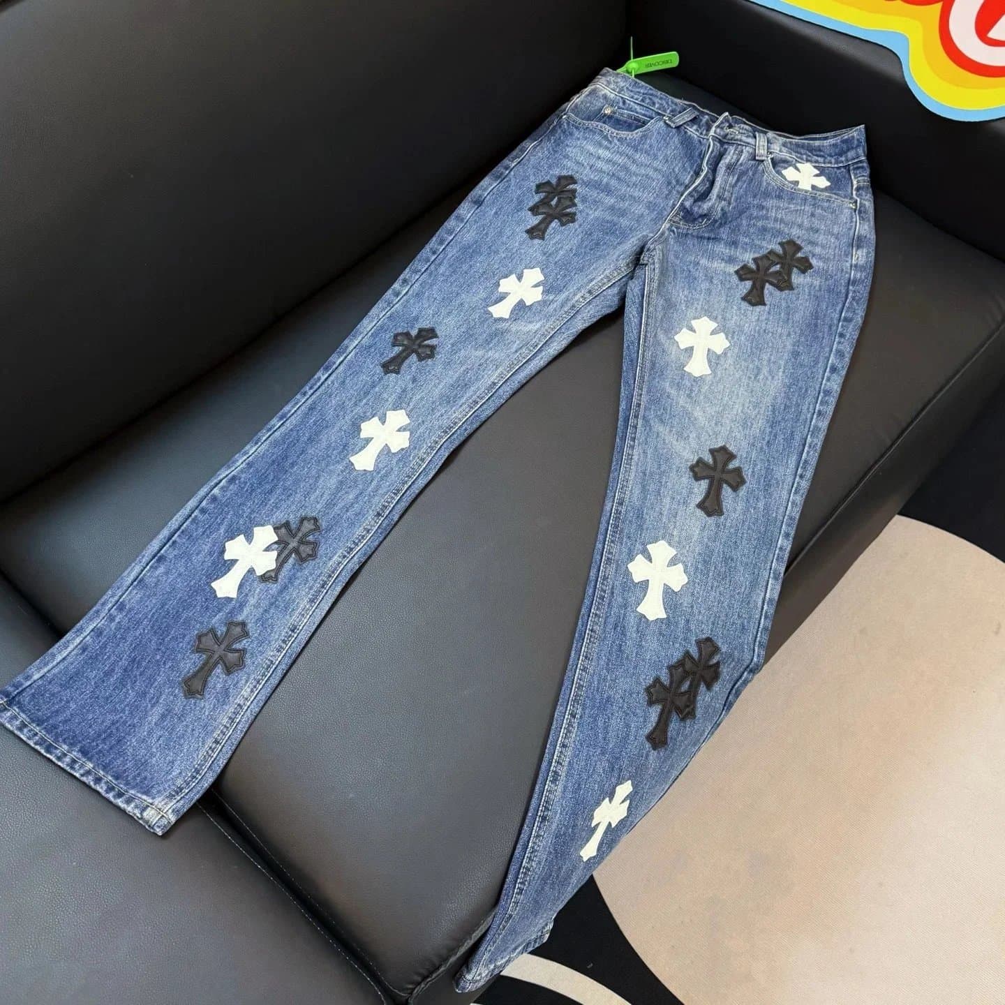 Chrome Hearts Cross Patch Jeans Black and White Cross Embroidery