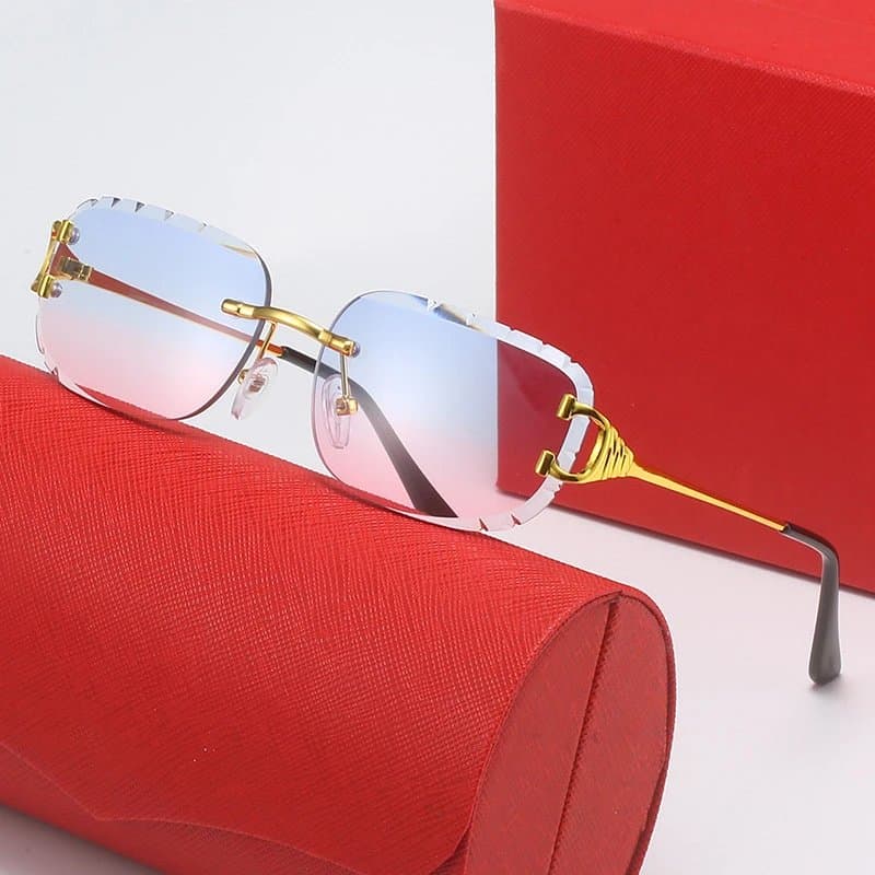 Cartier Sunglasses Rimless Square — 带LOGO带盒子 · C4 金架 蓝粉片