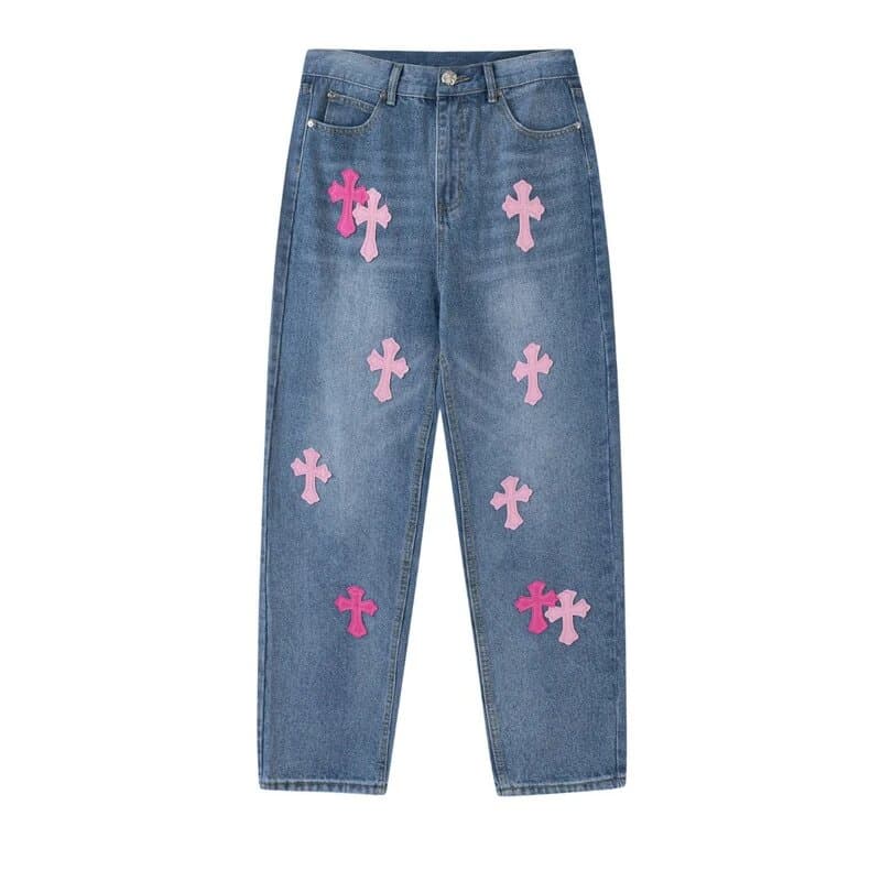 Travis Scott Cross Patch Jeans Pink Cross Embroidery