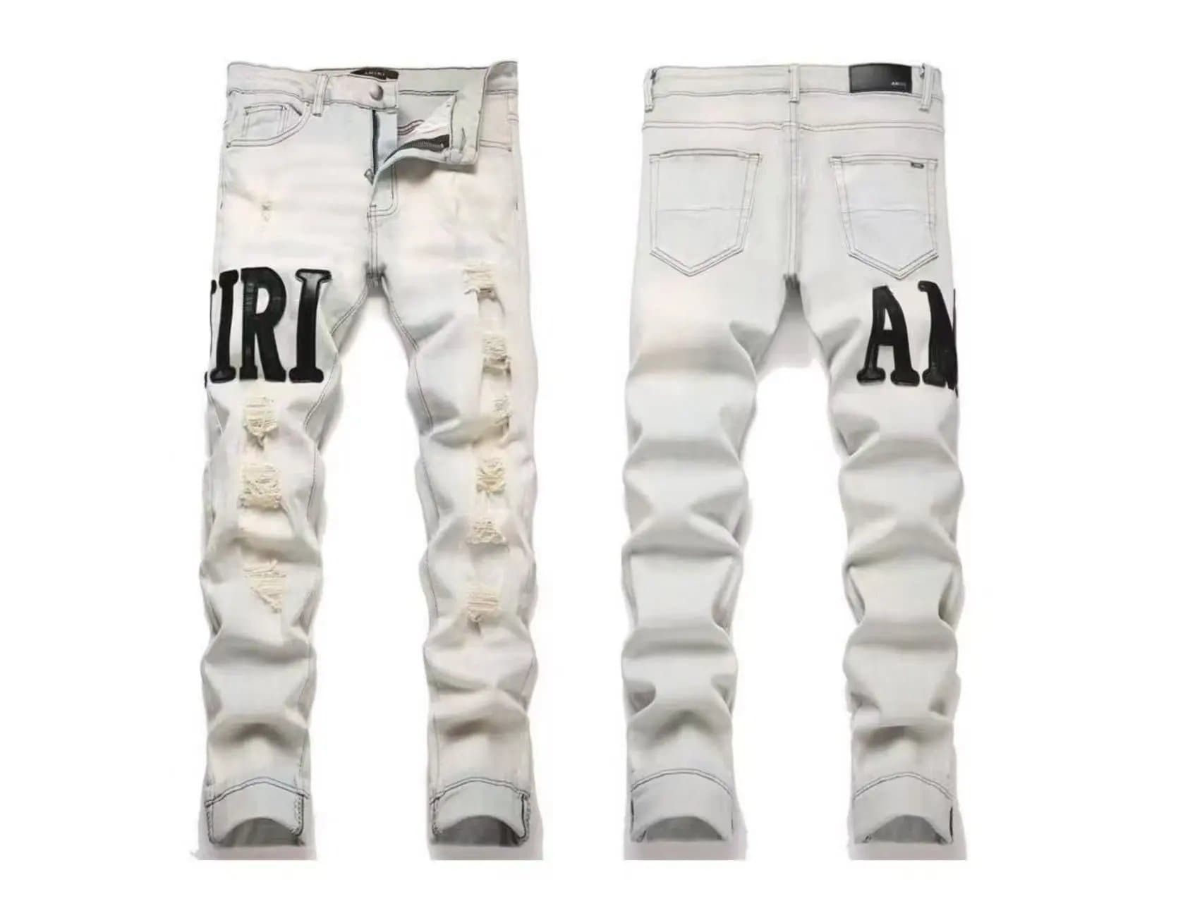 Amiri Distressed Logo Jeans White with Black Appliqué