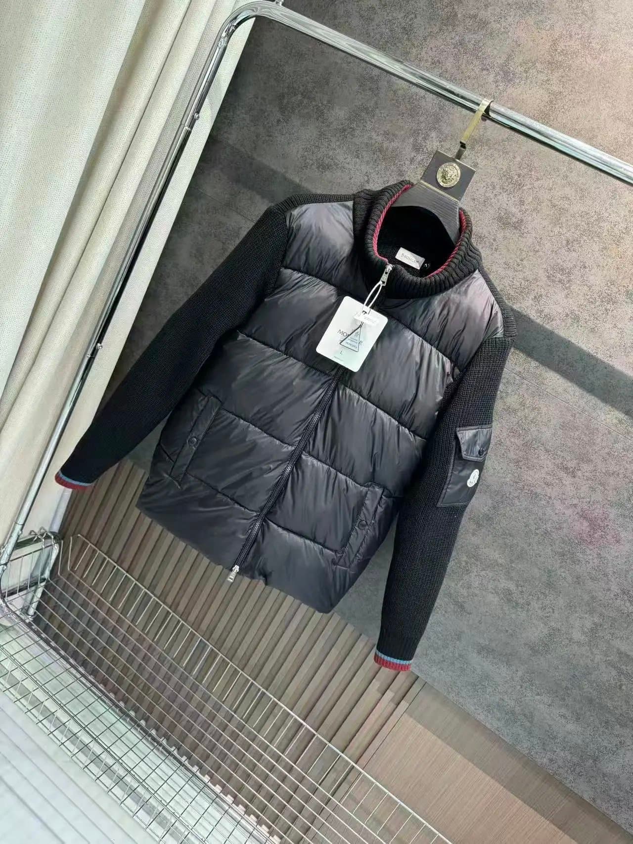 Moncler Knit-Sleeve Puffer Jacket Black with Ribbed Knit Sleeves