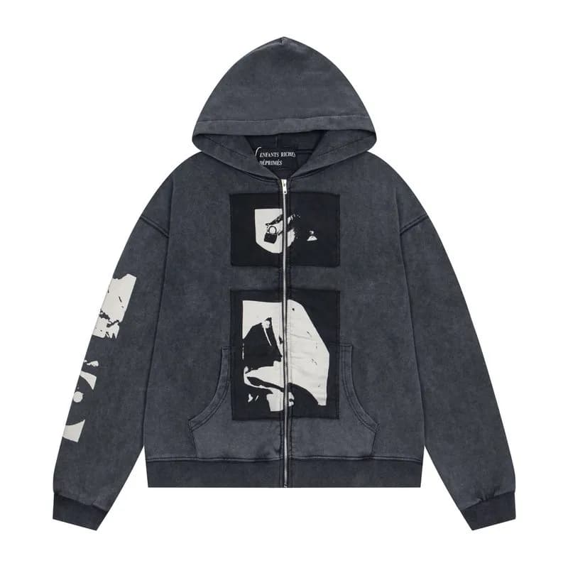 Zip-Up Hoodie Distressed Print