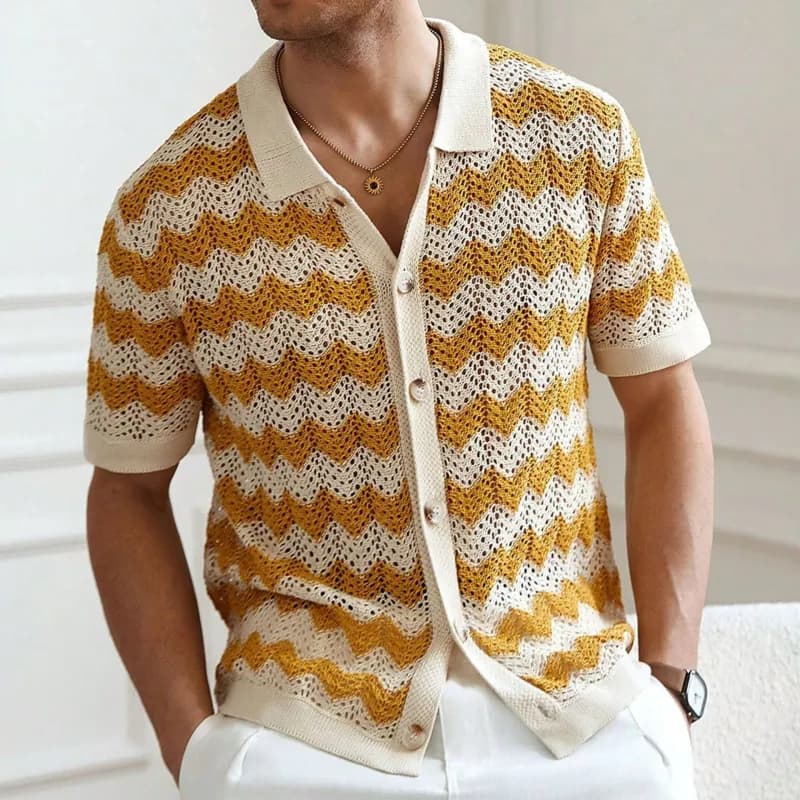 Knit Polo Shirt Wave Pattern — 黄色