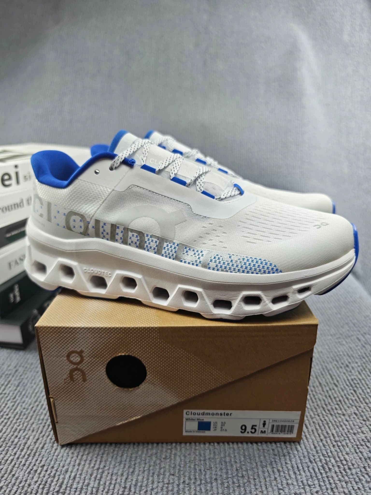 On Cloudmonster White Blue