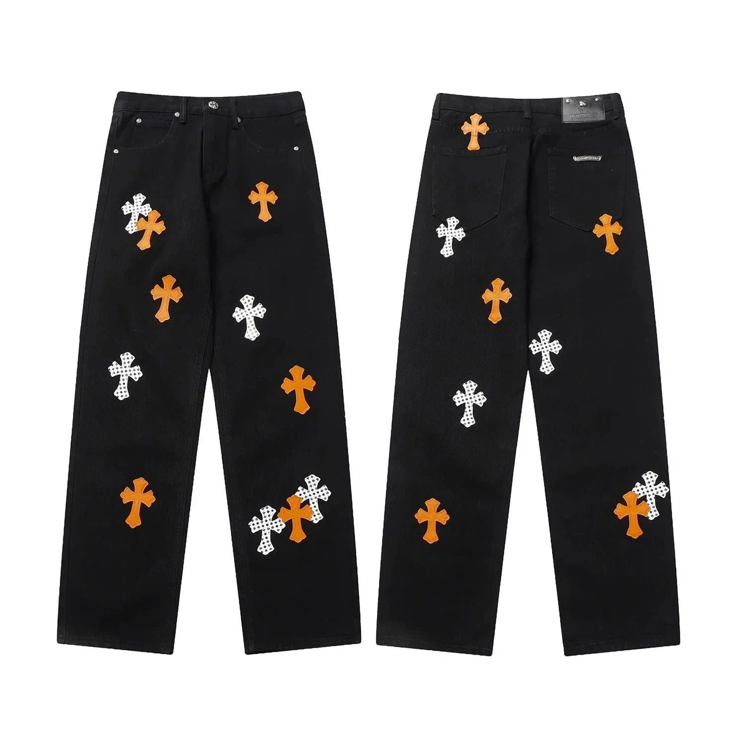 Chrome Hearts Cross Patch Jeans Orange and White Cross Embroidery