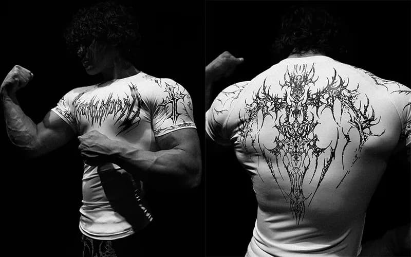 Graphic Compression Tee Black Ink Ornate Print