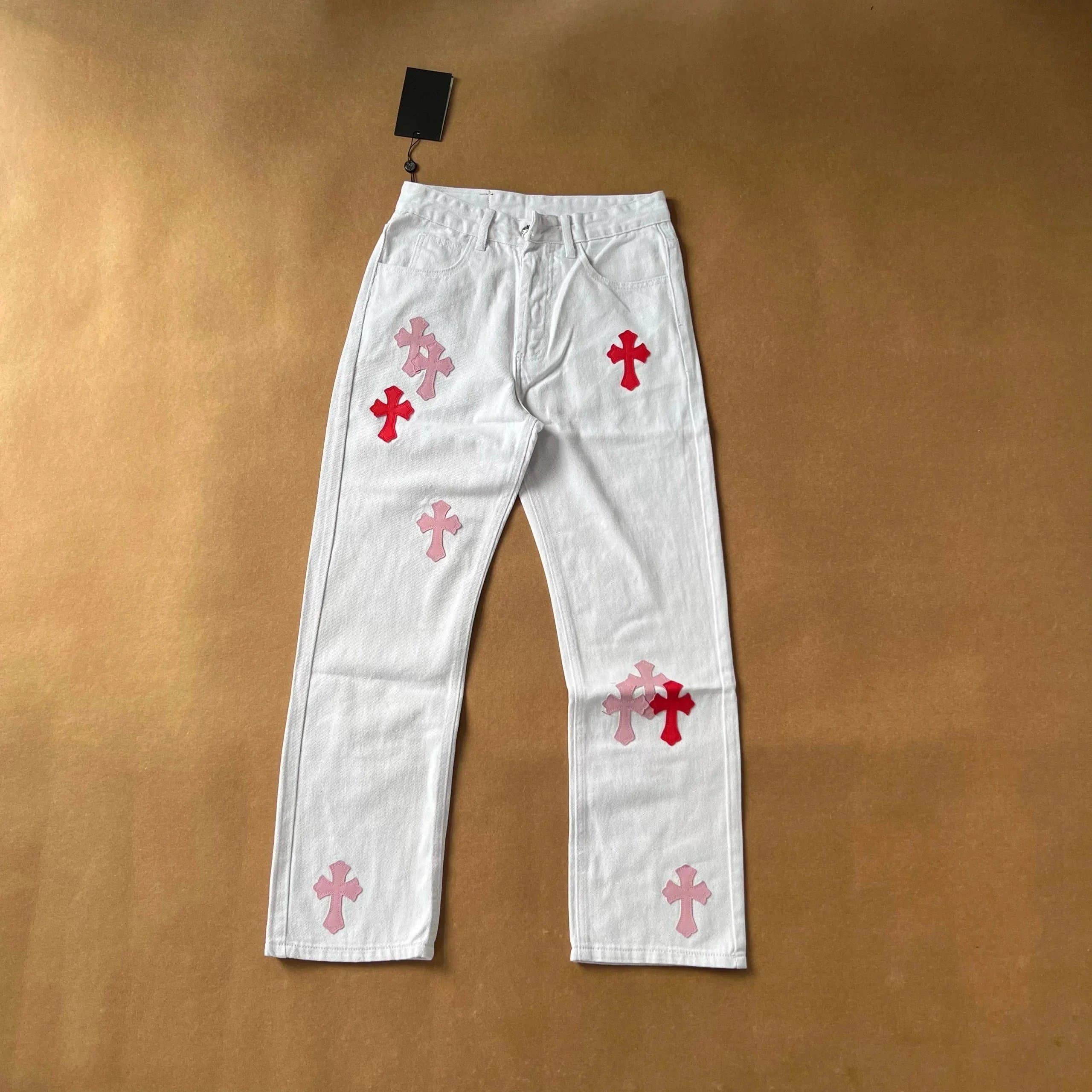 Chrome Hearts Cross Patch Jeans Pink and Red Cross Appliqué