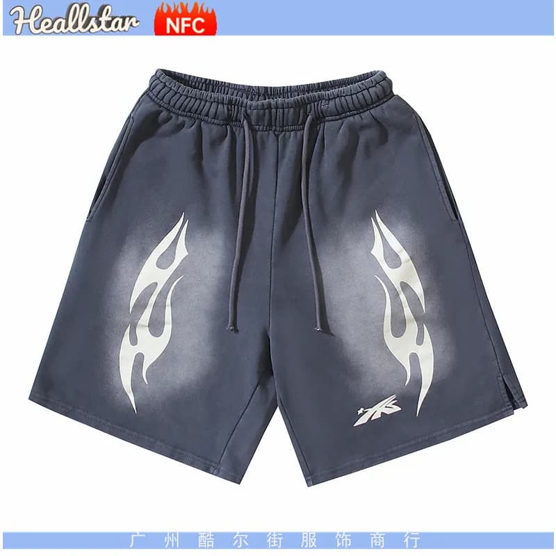 Hellstar Flame Print Shorts Black with Red Flames — 716洗水灰