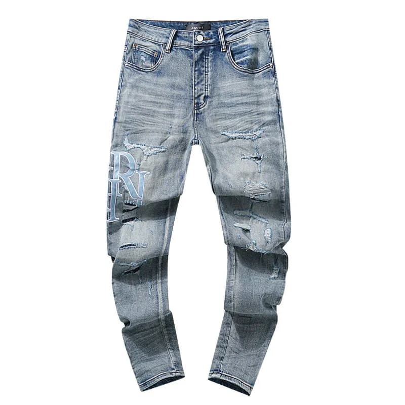 Distressed Patchwork Jeans Worn-in Wash with Contrast Patches — AM316