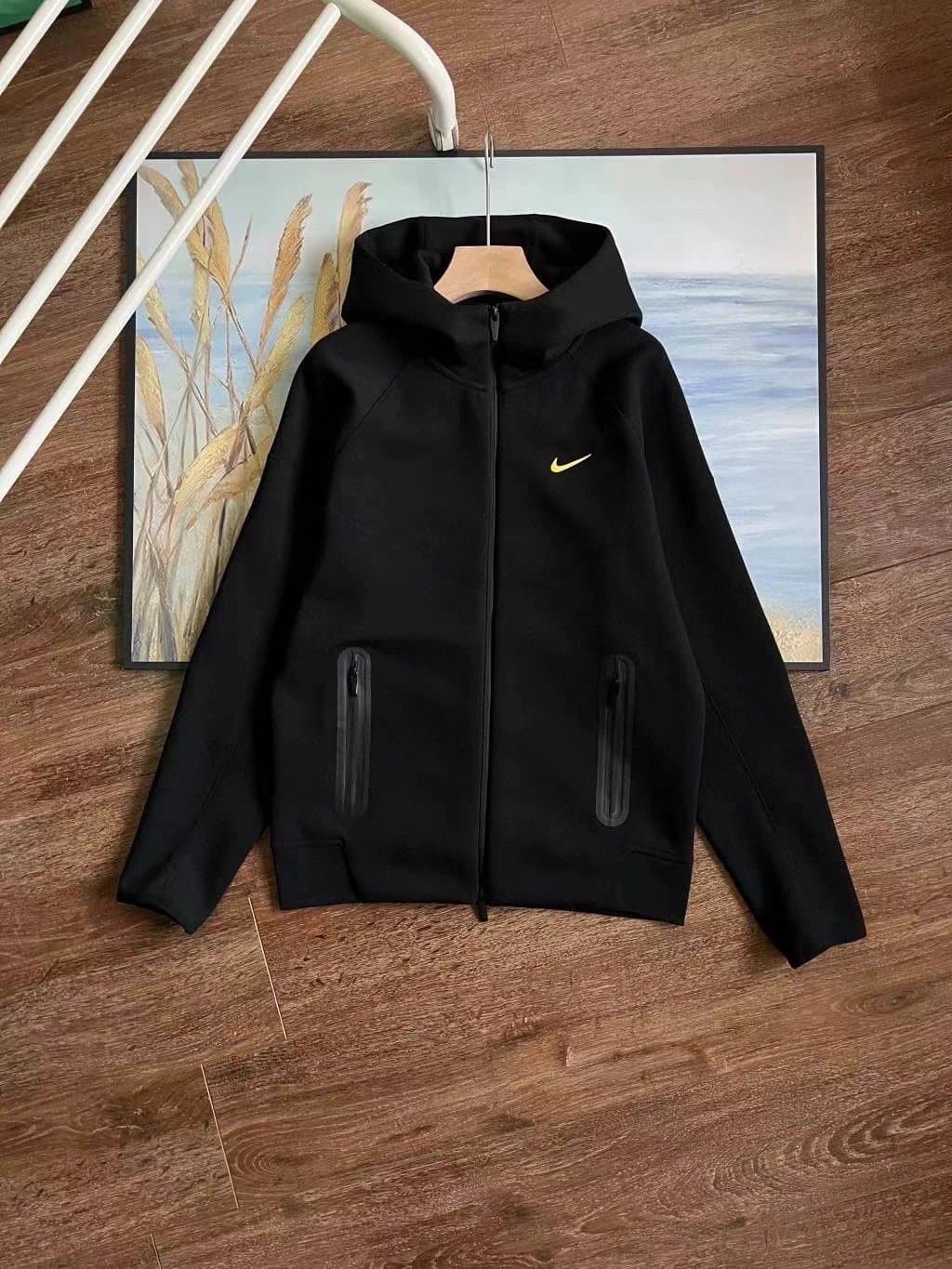Nike Tech Fleece Hoodie Black with Volt Swoosh