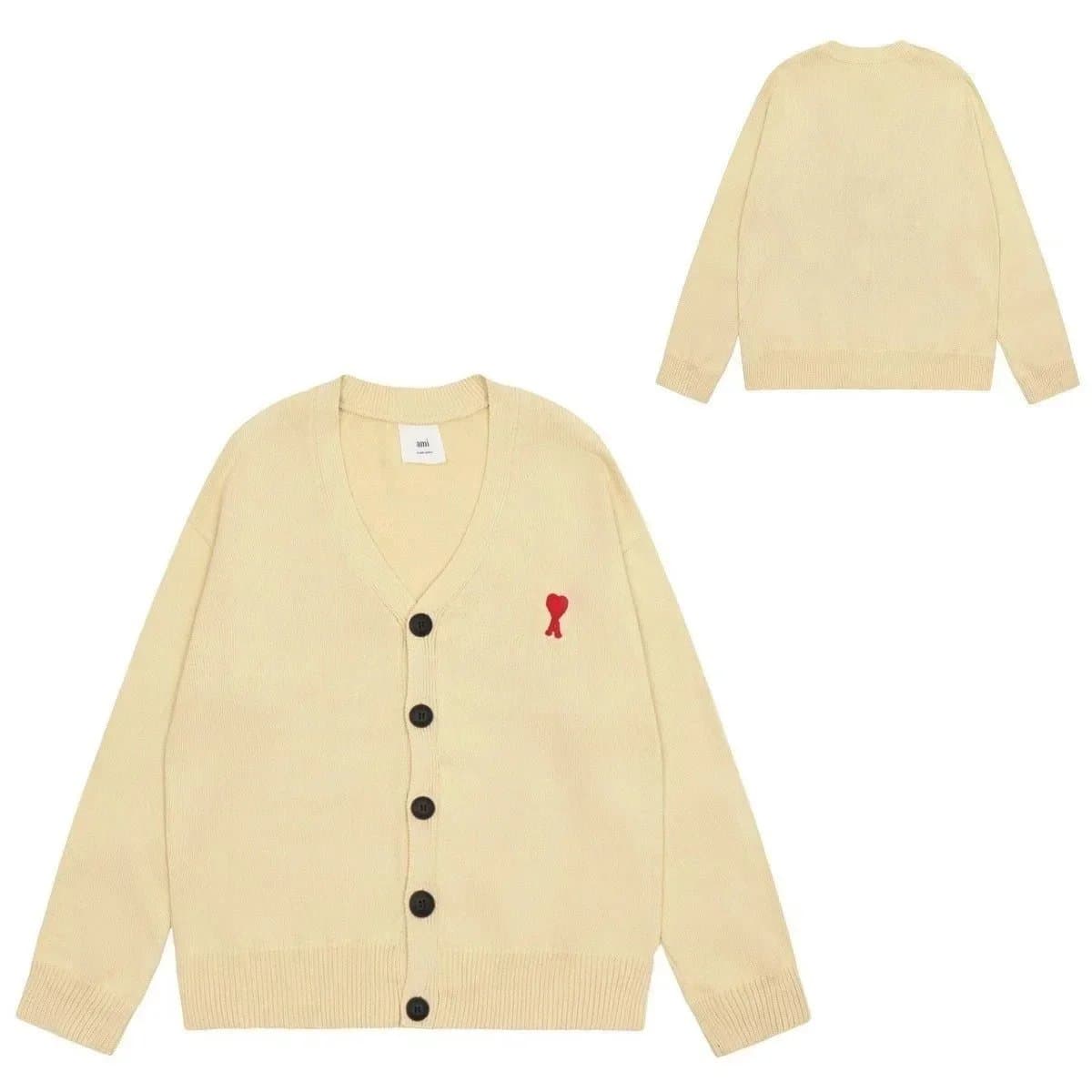 AMI Paris V-Neck Cardigan Red Heart Logo