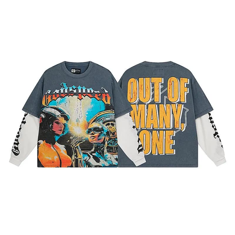 Godspeed Long Sleeve Tee Skeleton Baseball Graphic — 1153洗水蓝