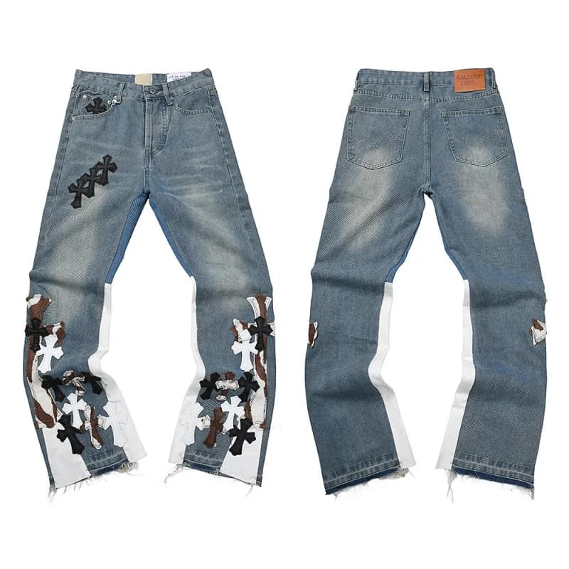 Chrome Hearts Distressed Denim Jeans Cross-Embroidered Patchwork