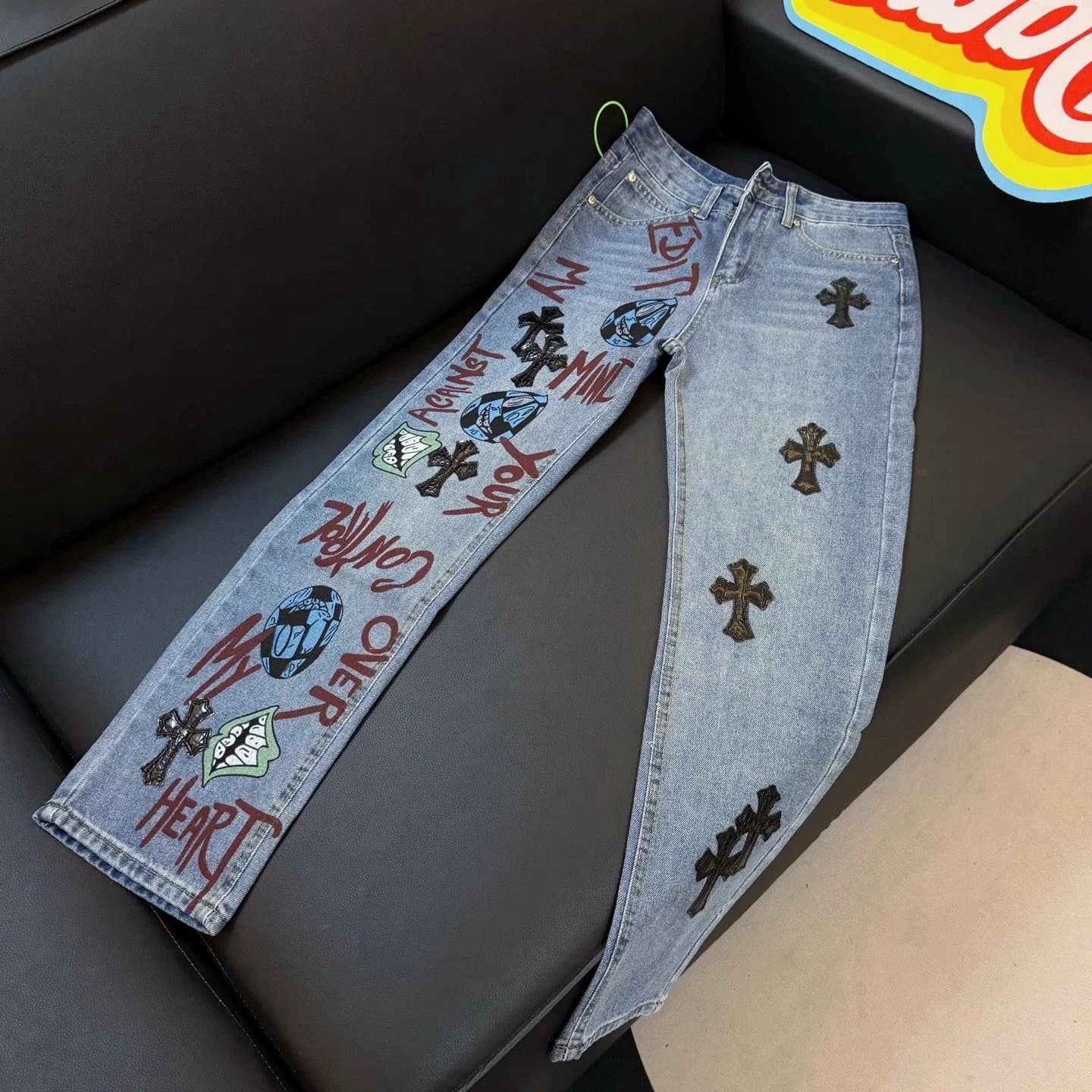 Chrome Hearts Straight Fit Jeans Cross Patch & Graffiti Print