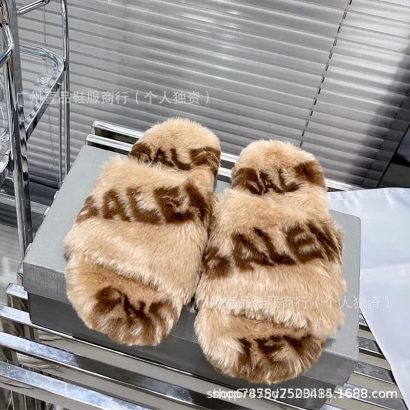 Balenciaga Logo Slide Faux Fur
