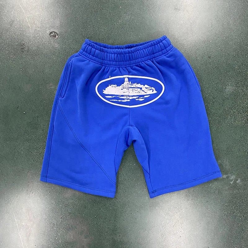 Corteiz Logo Shorts Green Script — 002/white print blue