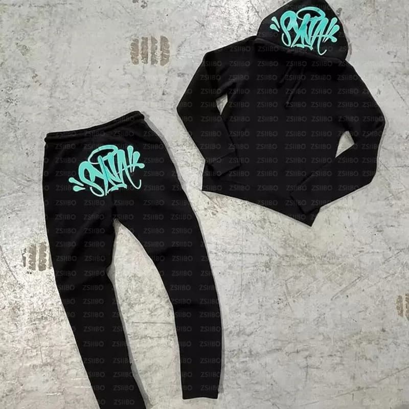 Sp5der Hoodie and Joggers Set Graffiti Logo — T03黑色套装【蓝印花】