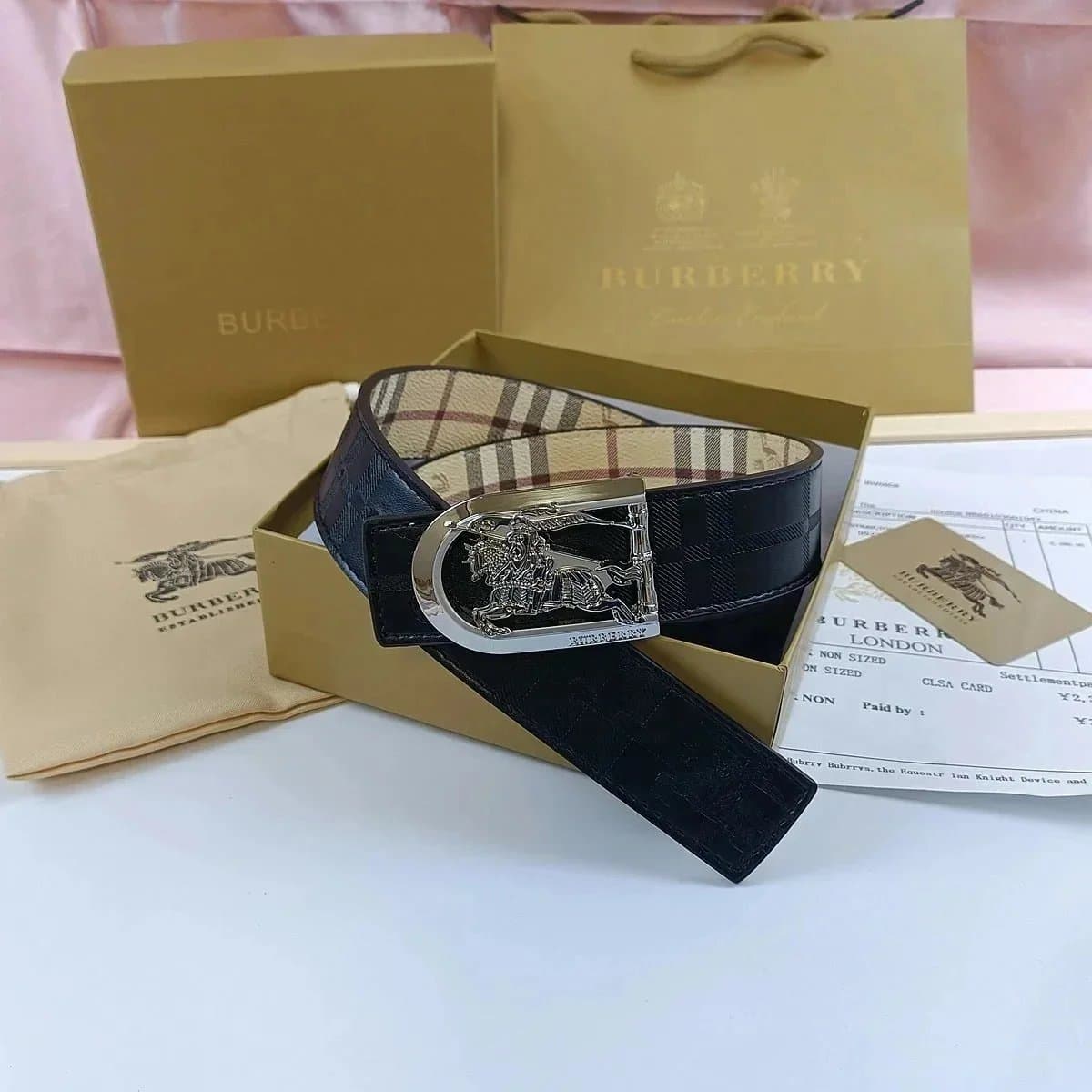 Burberry Equestrian Knight Buckle Belt Check Print Reversible
