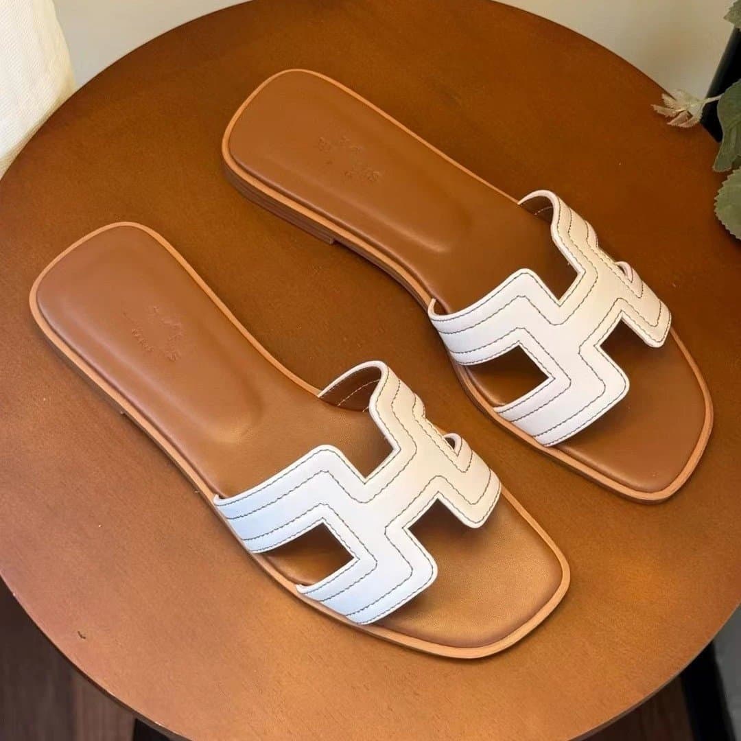 Hermès H-Heel Slide White and Beige Leather