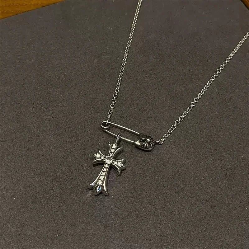 Chrome Hearts Cross Pendant Necklace Diamond-Embellished Safety Pin