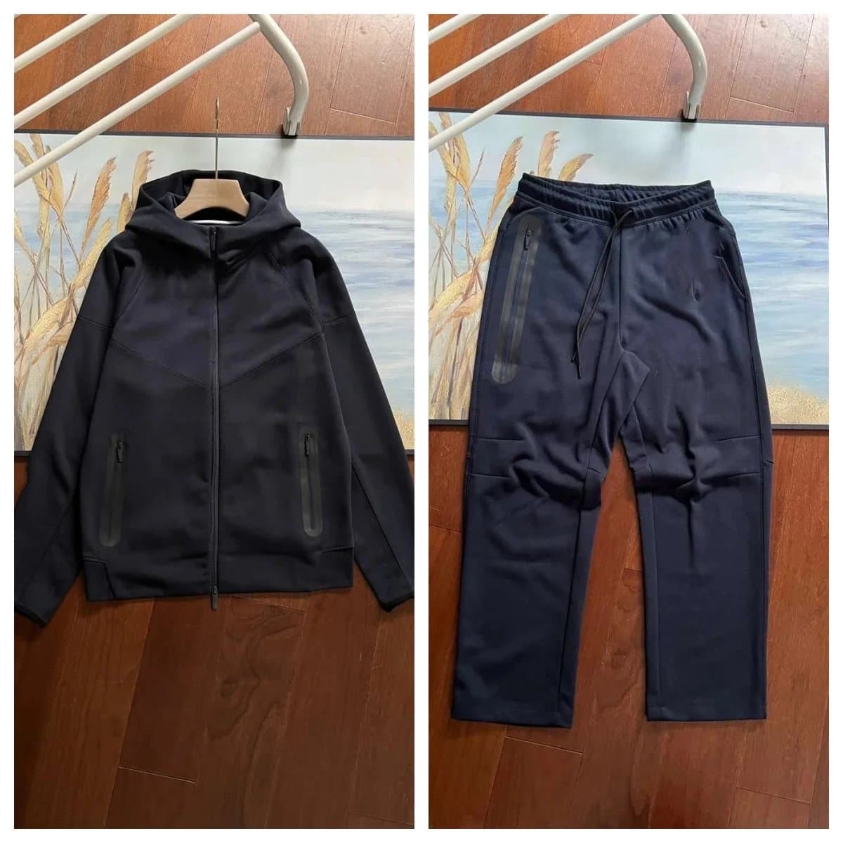 Nike Tech Fleece Hoodie and Joggers Light Grey with Black Zip Accents — 藏青色套装