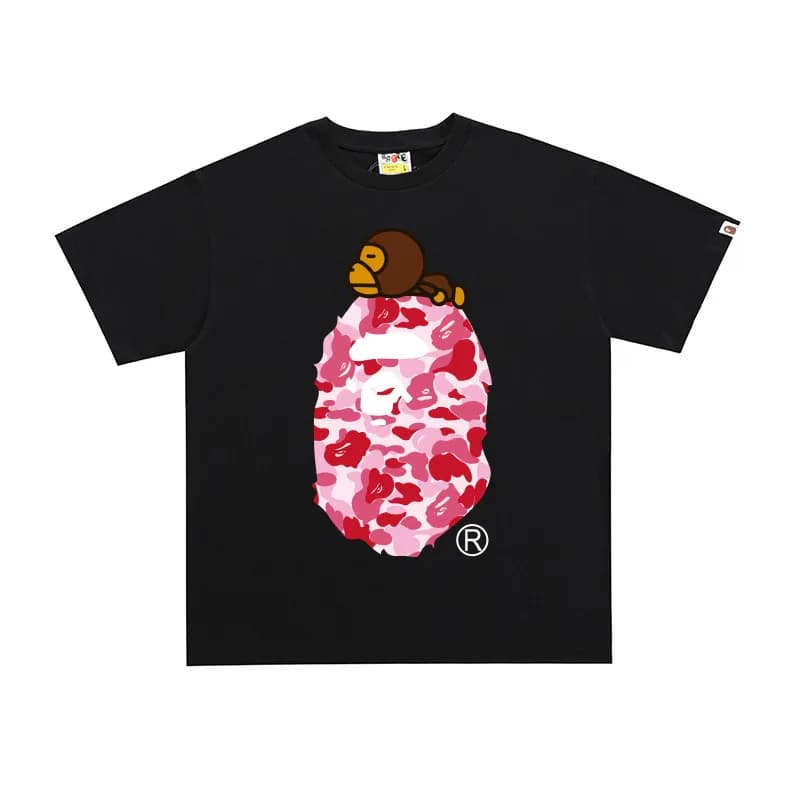 BAPE Graphic Tee Multi-Logo Print — D011黑粉色