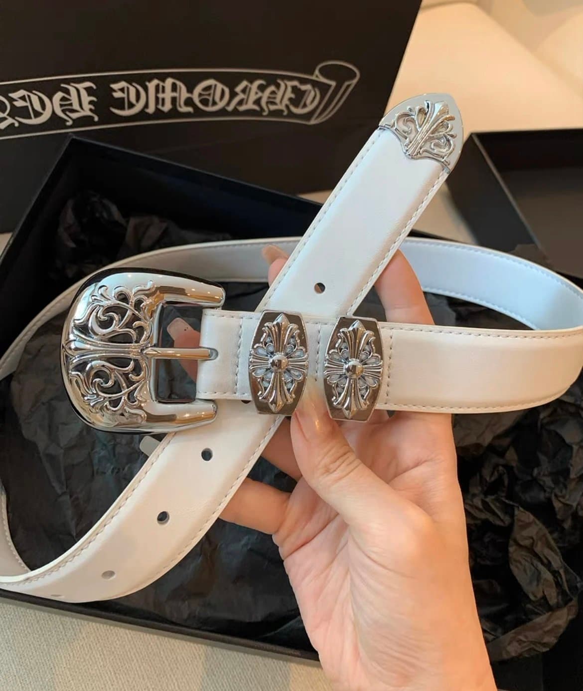 Chrome Hearts Double Cross Belt White Leather with Silver Cross Hardware