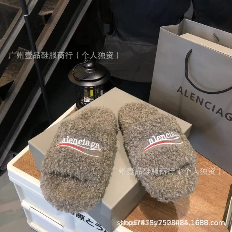 Balenciaga Shearling Slide Logo Embroidered