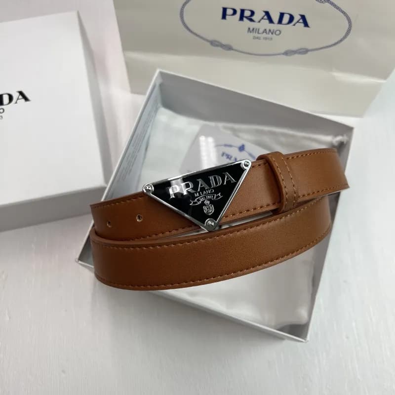 Prada Triangle Logo Belt Classic Triangular Buckle — P-shaped silver buckle with black background and yellow belt