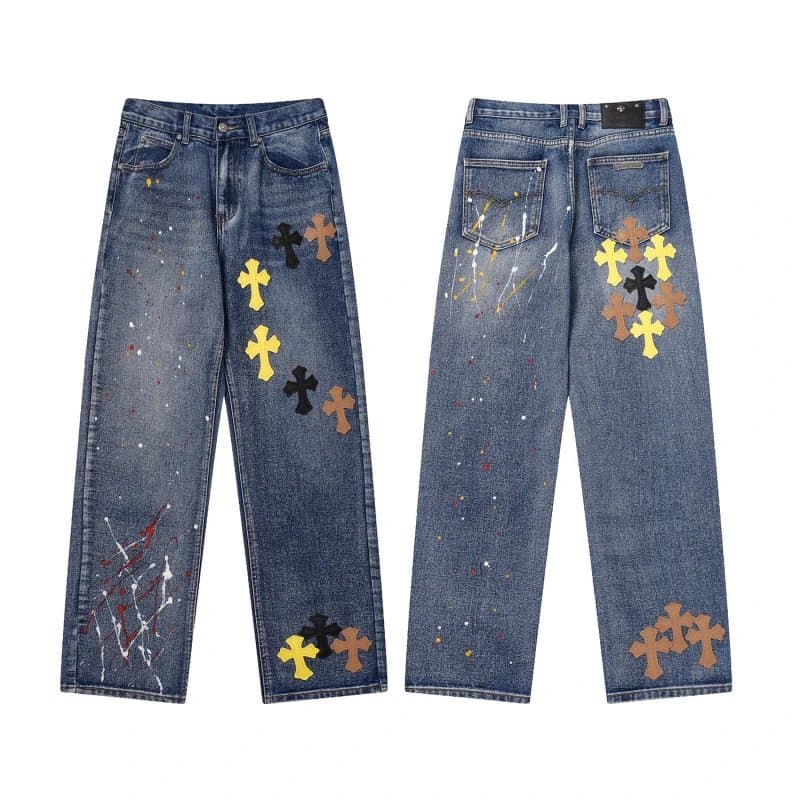 Chrome Hearts Cross Patch Jeans Paint Splatter