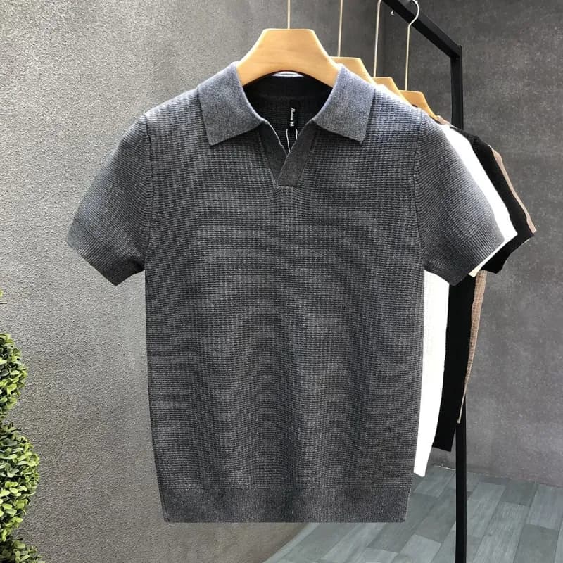 Knit Polo Shirt Textured Grid Knit