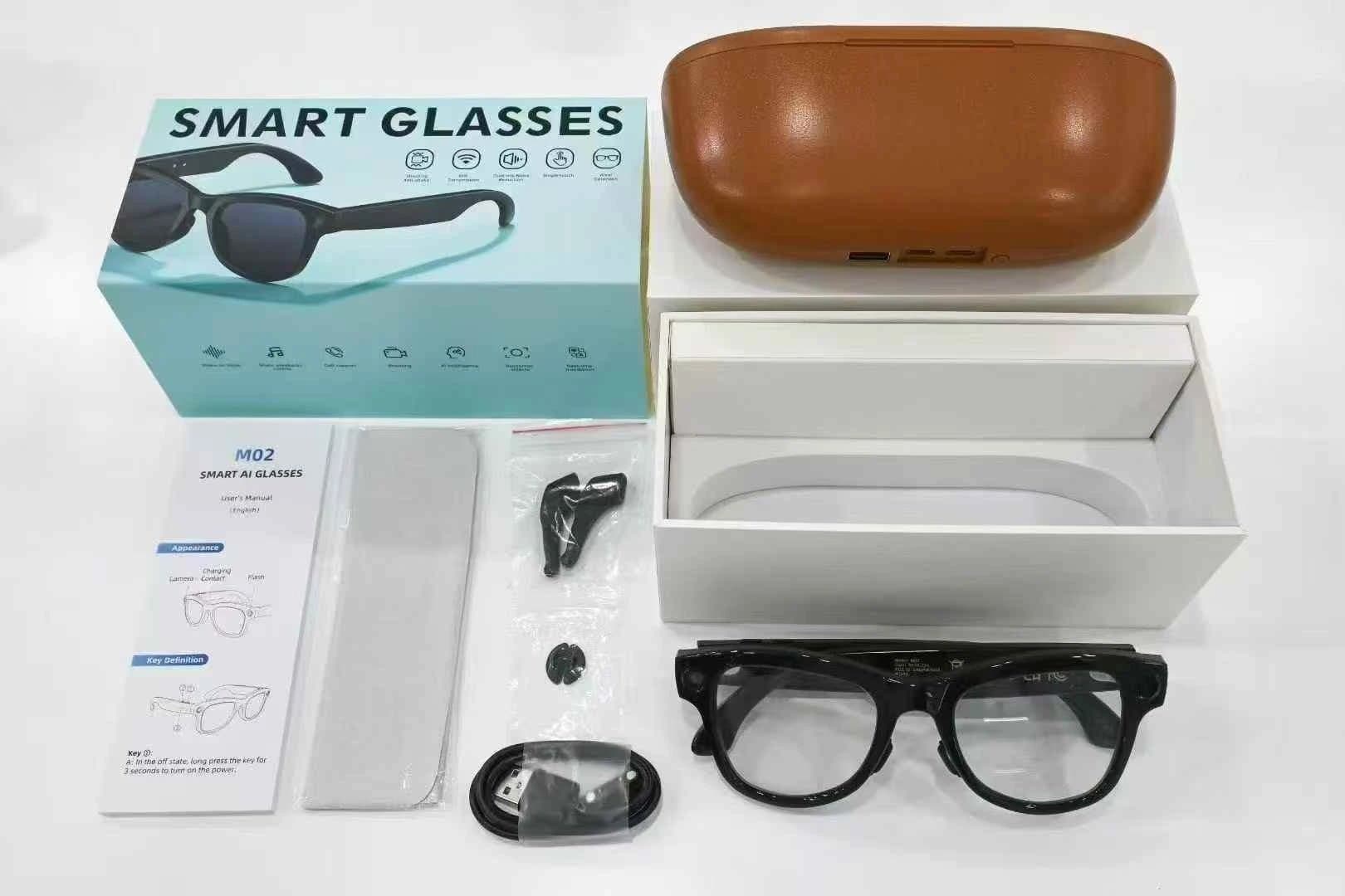 Ray-Ban Smart Glasses Wayfarer Style — M02 Ultra-透明防蓝光镜片款式（棕皮充电仓）