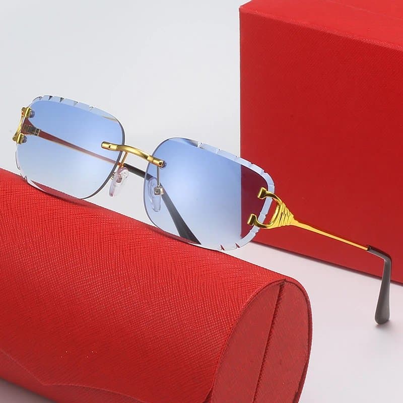 Cartier Sunglasses Rimless Square — 带LOGO带盒子 · C6 金架 双蓝片