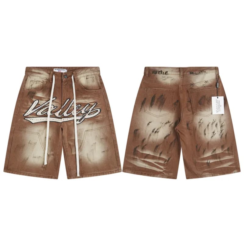 Denim Shorts Washed with Crystal Embellishment — V806棕色