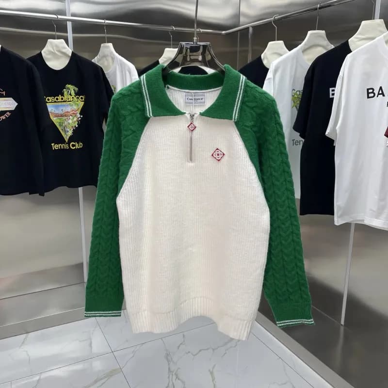 Casablanca Cable Knit Half-Zip Sweater Green & White Raglan